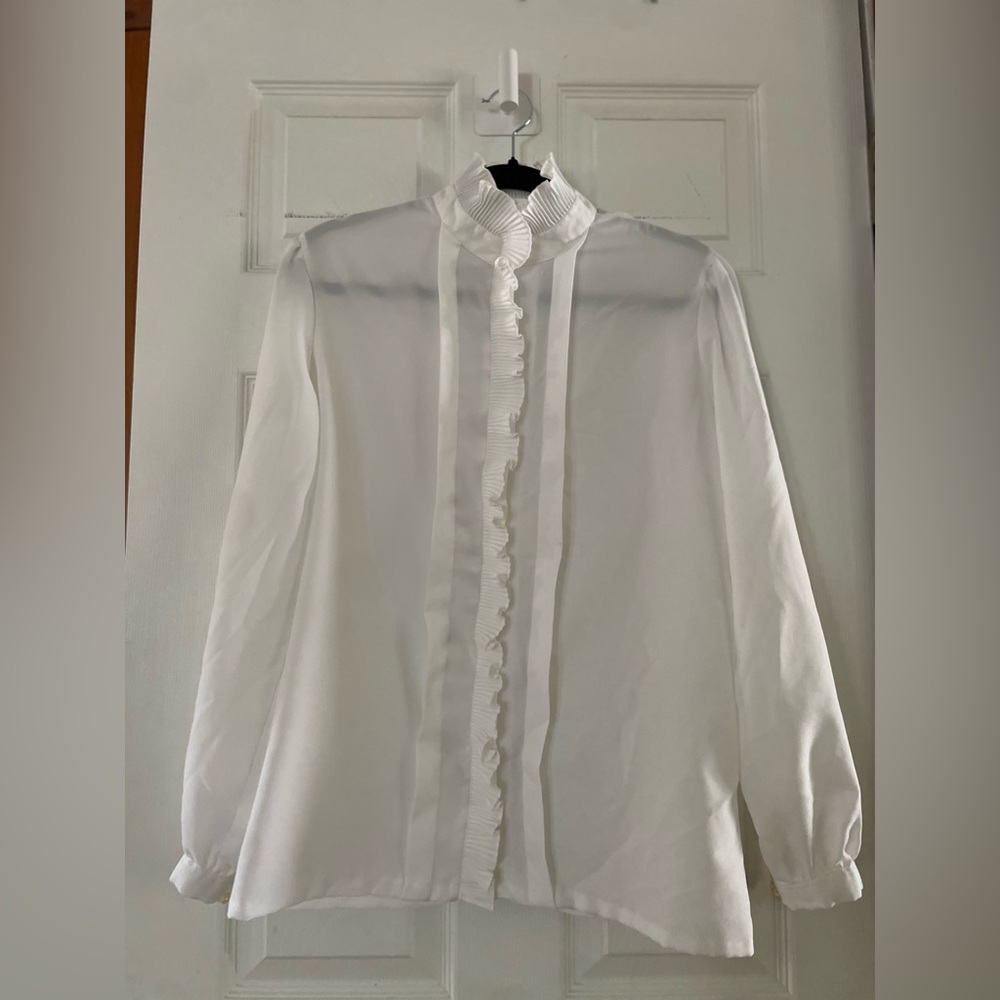 Vintage White Ruffle-Front Women's Blouse Size 14